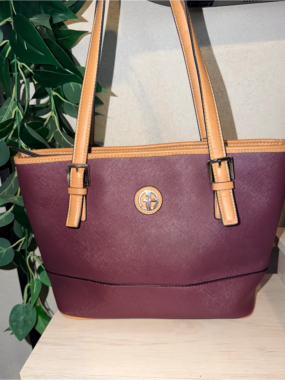 Giani Bernini Burgundy Tote with Tan Trim